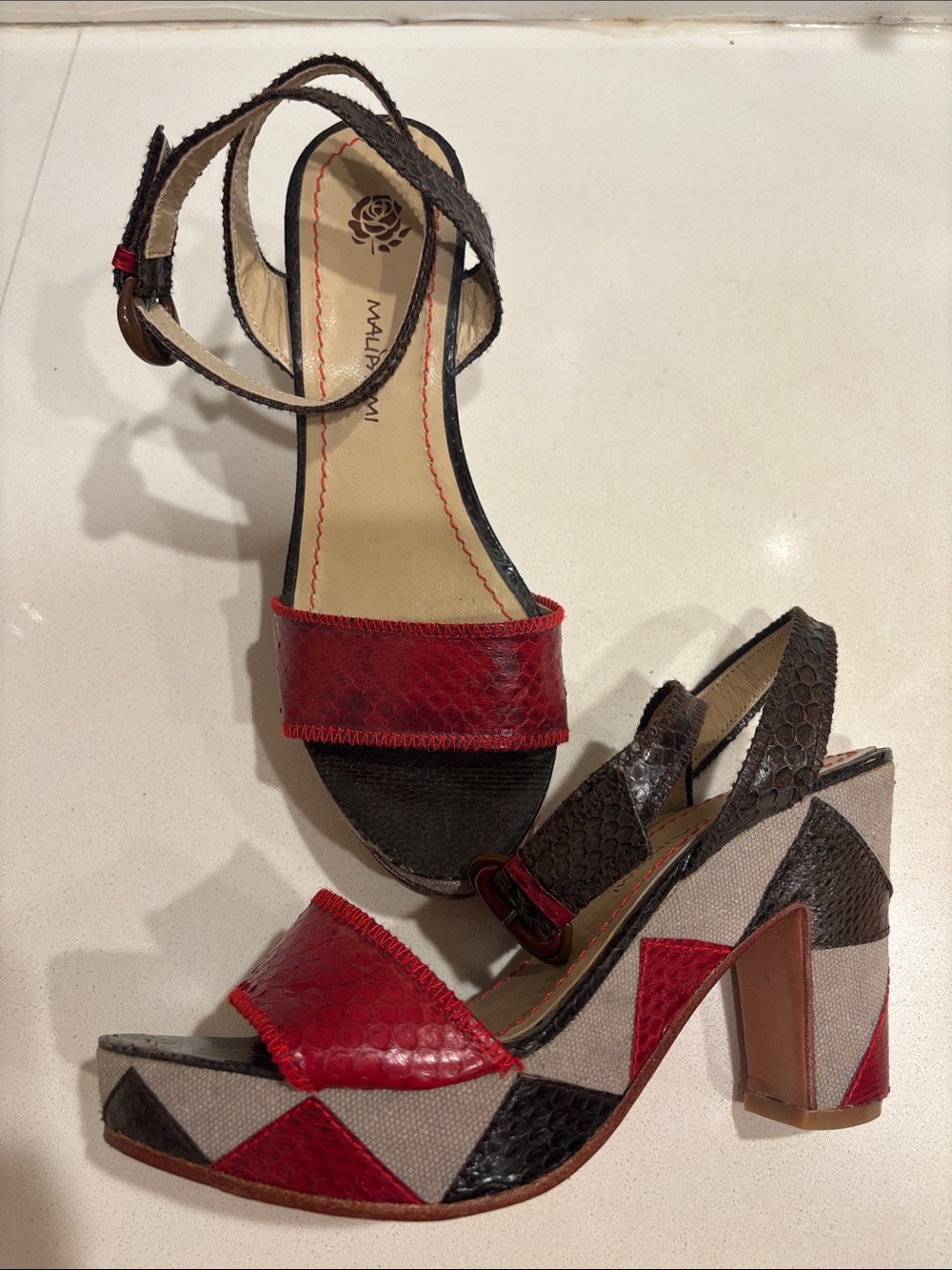 Red & Brown Textured Block Heel Sandals